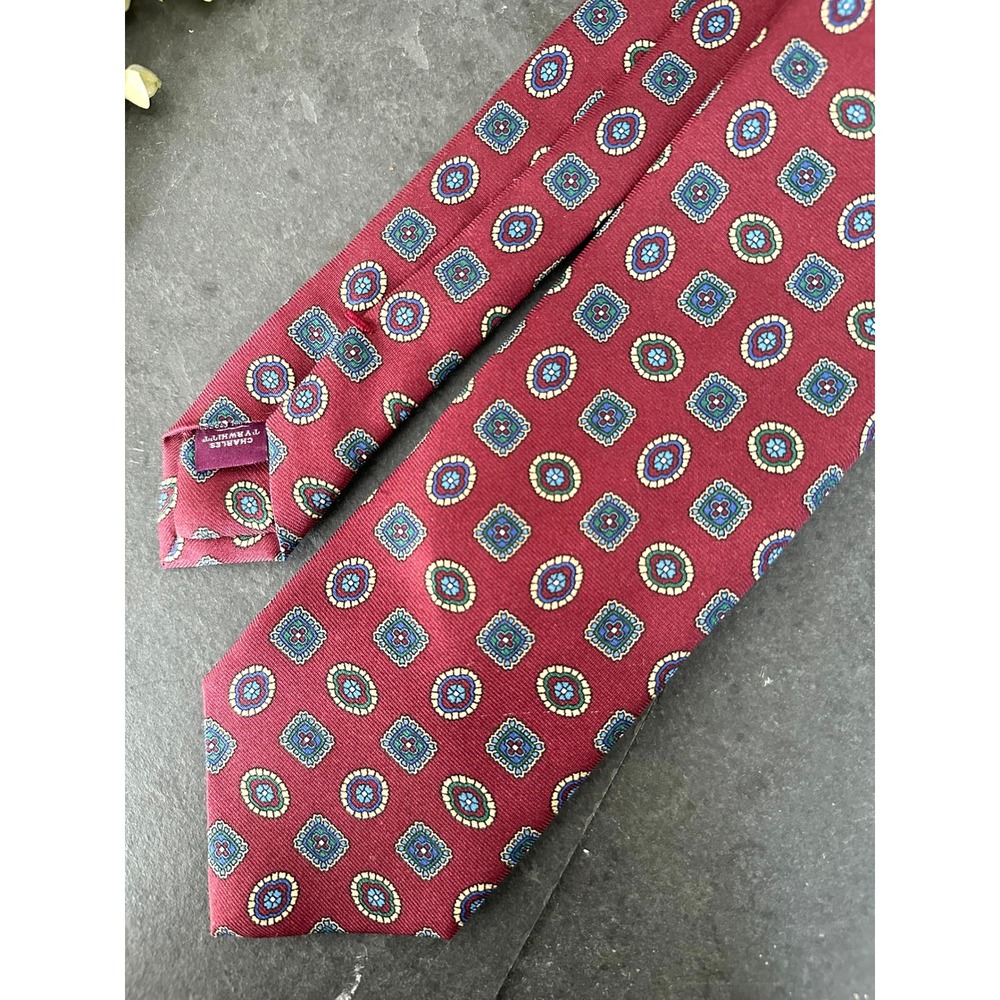 Charles Tyrwhitt Silk Tie necktie tan maroon medallion geometric extra long